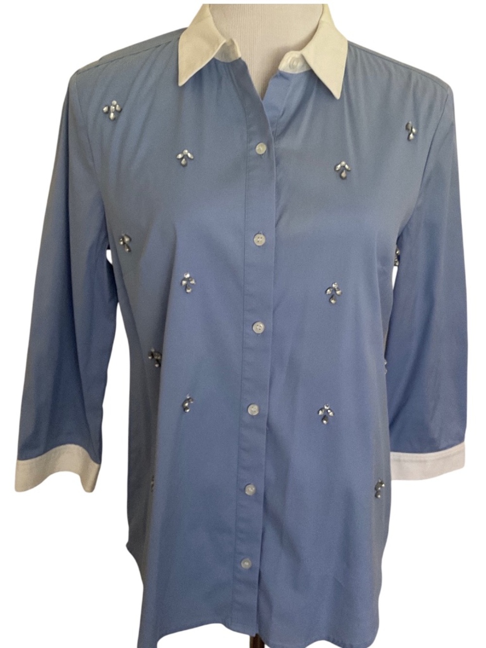 Ann Taylor 3/4 Sleeve Blue Rhinestone Embellished Button-Down Shirt Size 6
